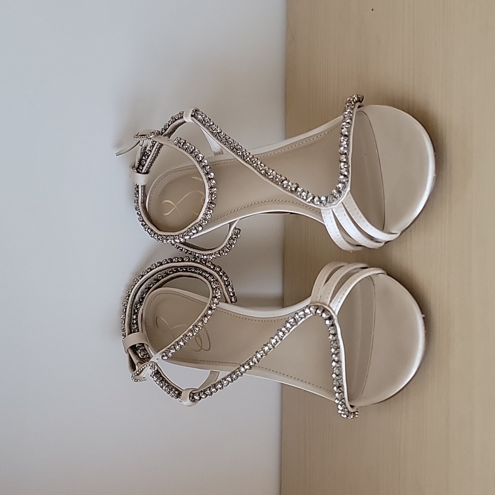 Special occasion heels in cream with rhinestones.